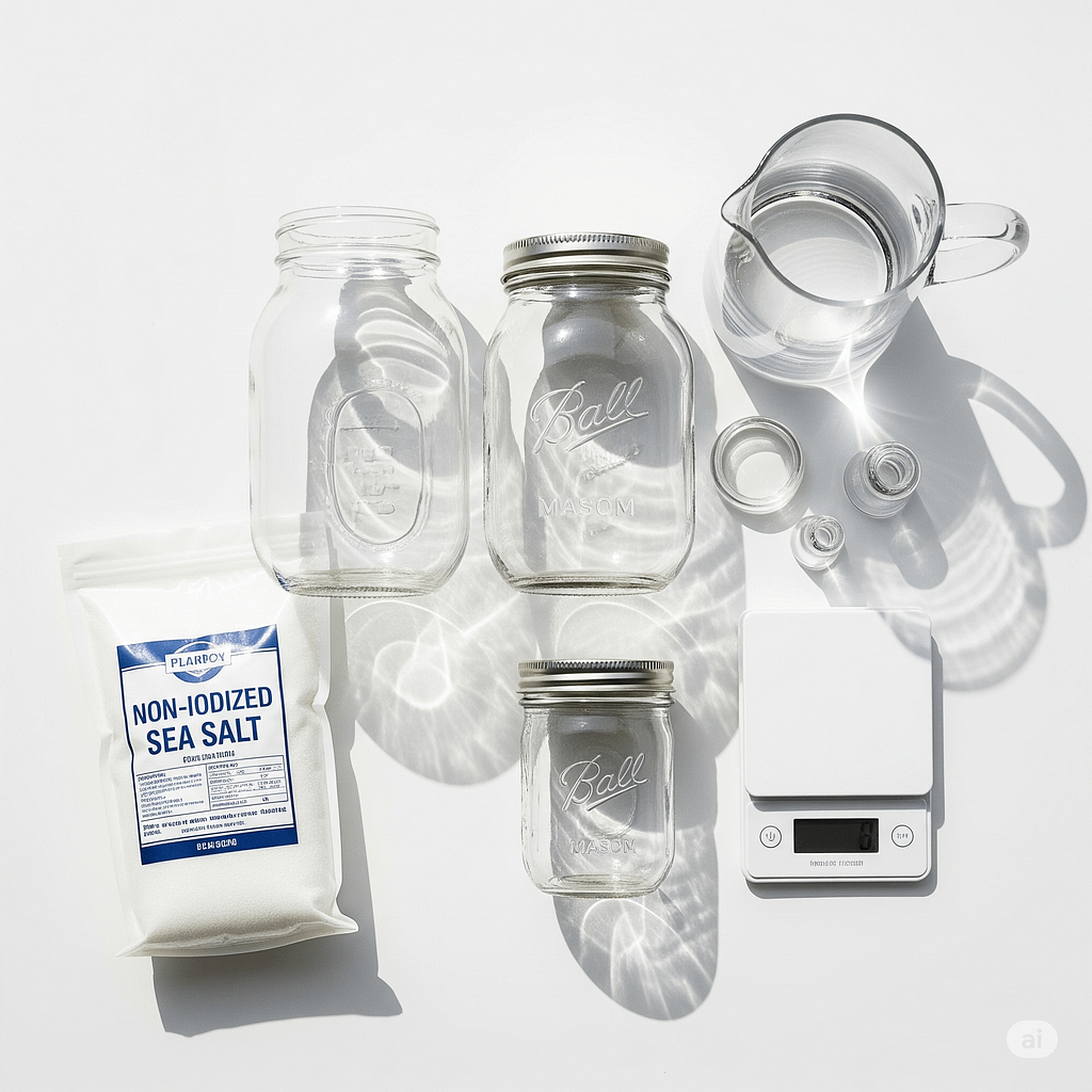 Essential tools for home fermentation: Mason jars, non-iodized salt, filtered water, and glass fermentation weights. Essential tools for home fermentation: Mason jars, non-iodized salt, filtered water, and glass fermentation weights.