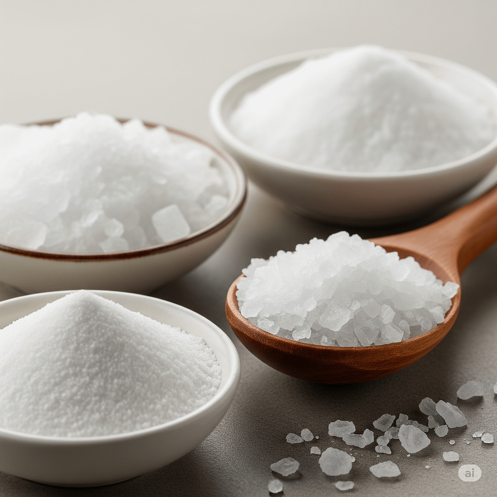 Various types of salt, including fine sea salt and flaky salt, used in baking.
