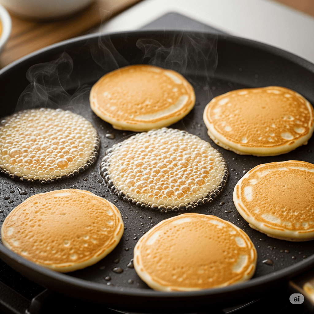 Pancakes cooking on a griddle, showing bubbles on the surface as an indicator to flip.
