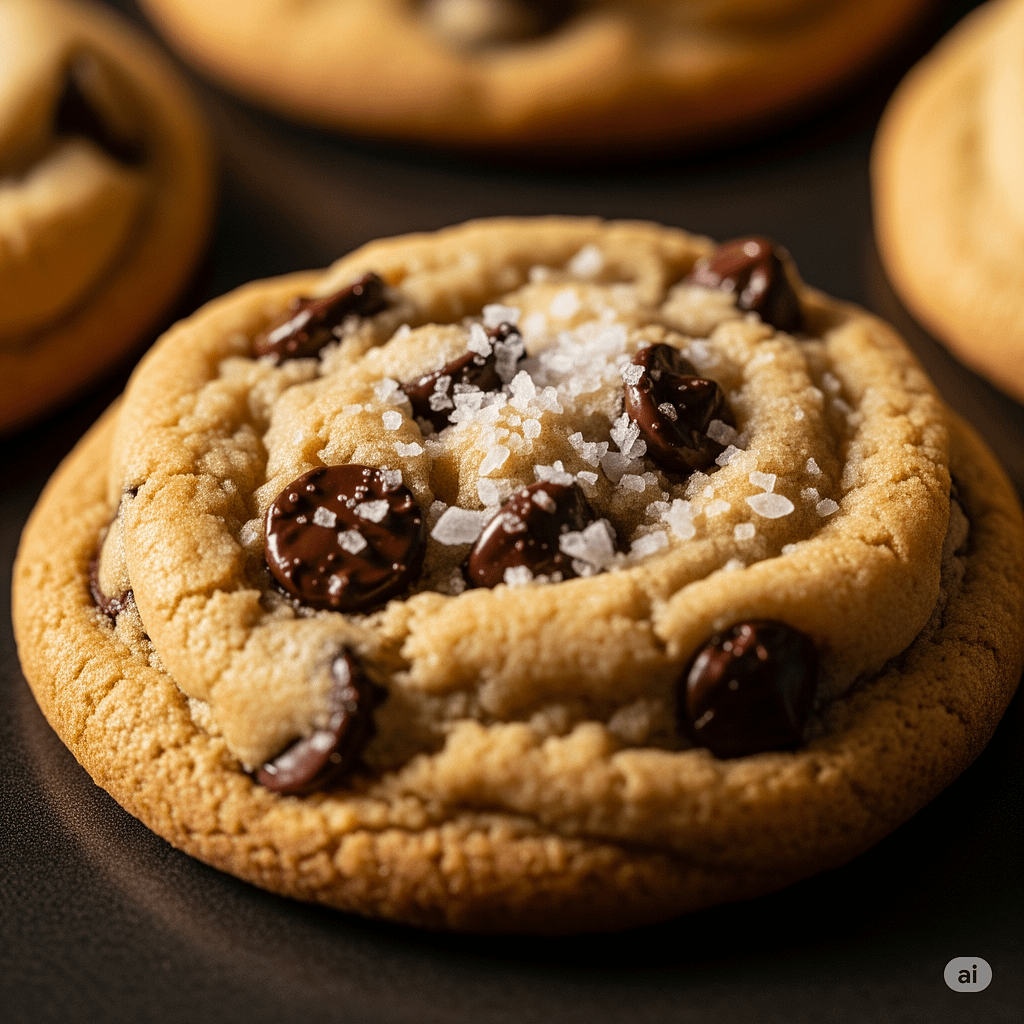 Delicious chocolate chip cookie with flaky sea salt on top.