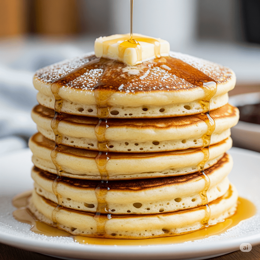 A tall stack of perfectly fluffy pancakes with a pat of butter on top.