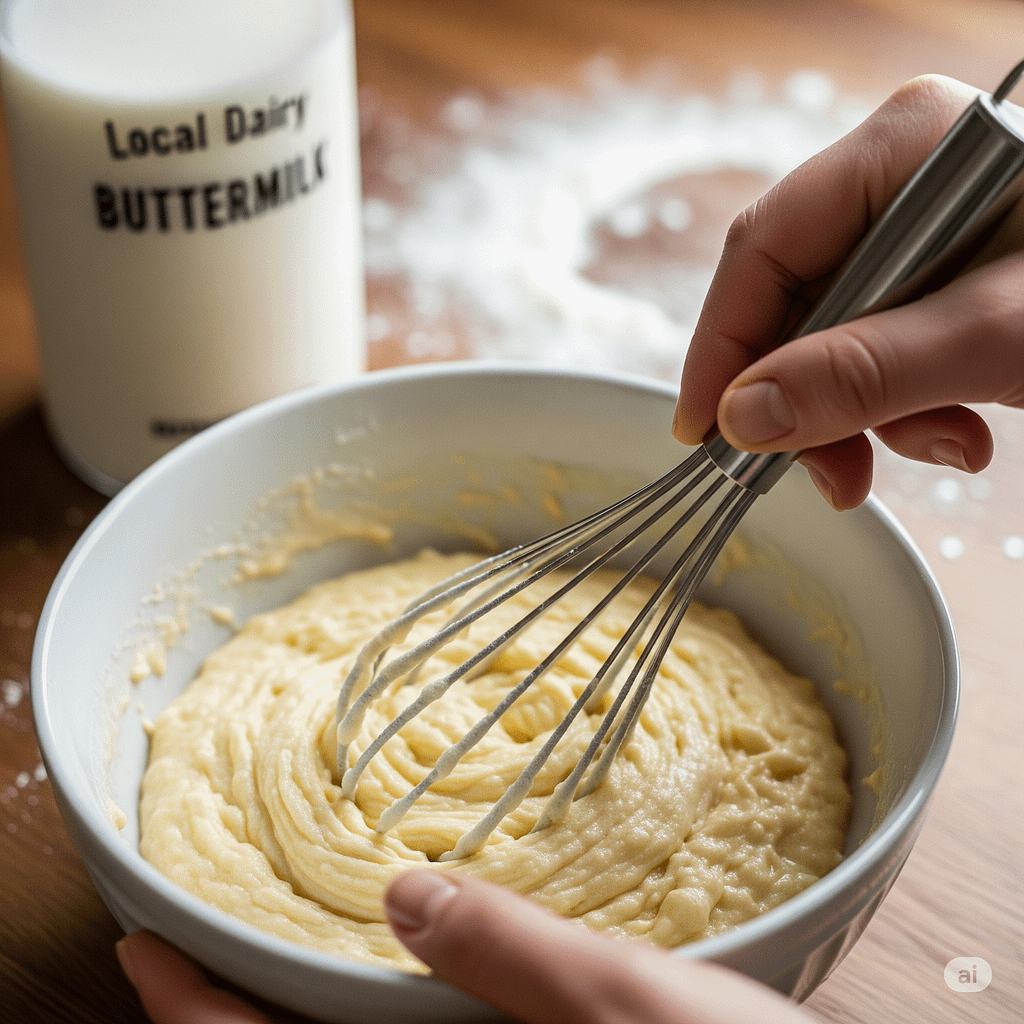 A hand gently stirring lumpy buttermilk pancake batter in a bowl.