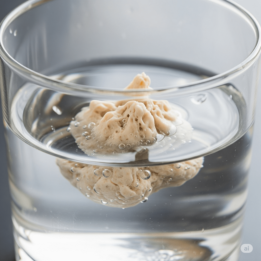 A small piece of sourdough starter successfully floating in a glass of water, indicating it's active and ready for baking.