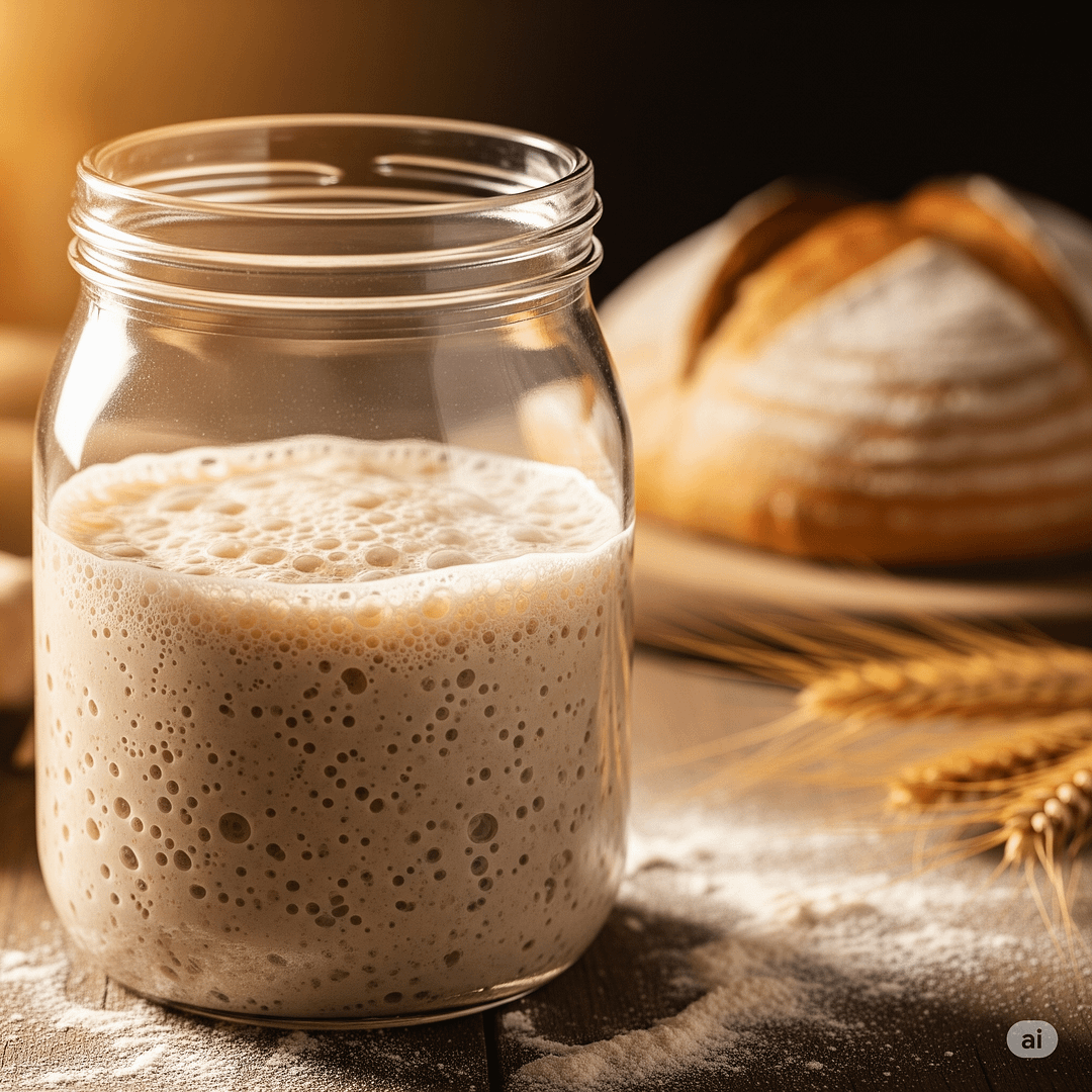 Active sourdough starter in a glass jar, bubbling and ready for baking, with a warm, rustic kitchen background.