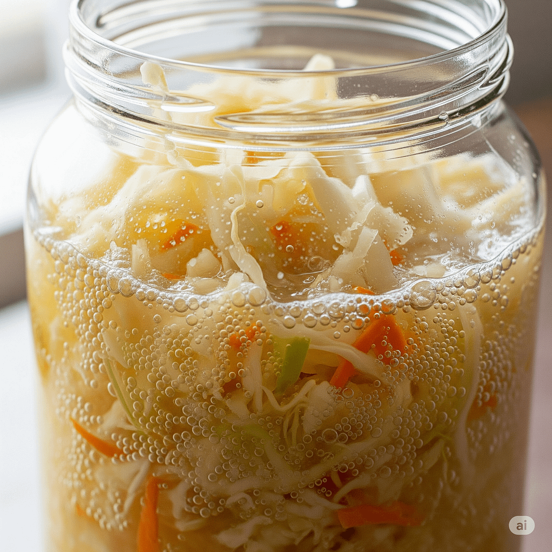 Close-up of active vegetable fermentation, showing bubbles and cloudy brine.