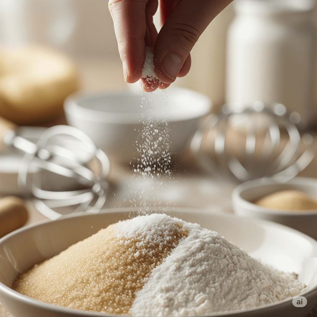 A pinch of salt being added to dry baking ingredients.