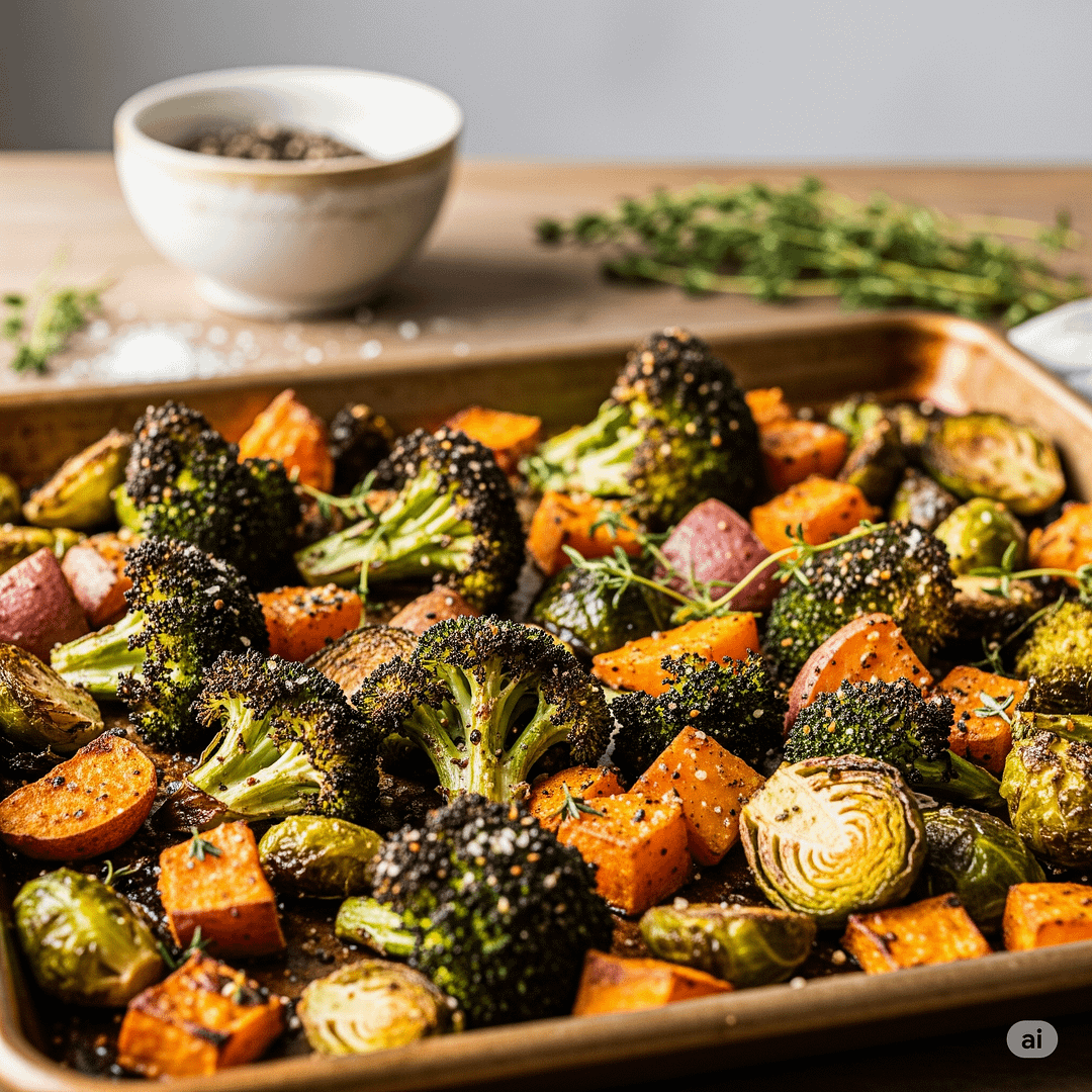 A sheet pan filled with perfectly golden-brown and crispy roasted broccoli, sweet potatoes, and Brussels sprouts.