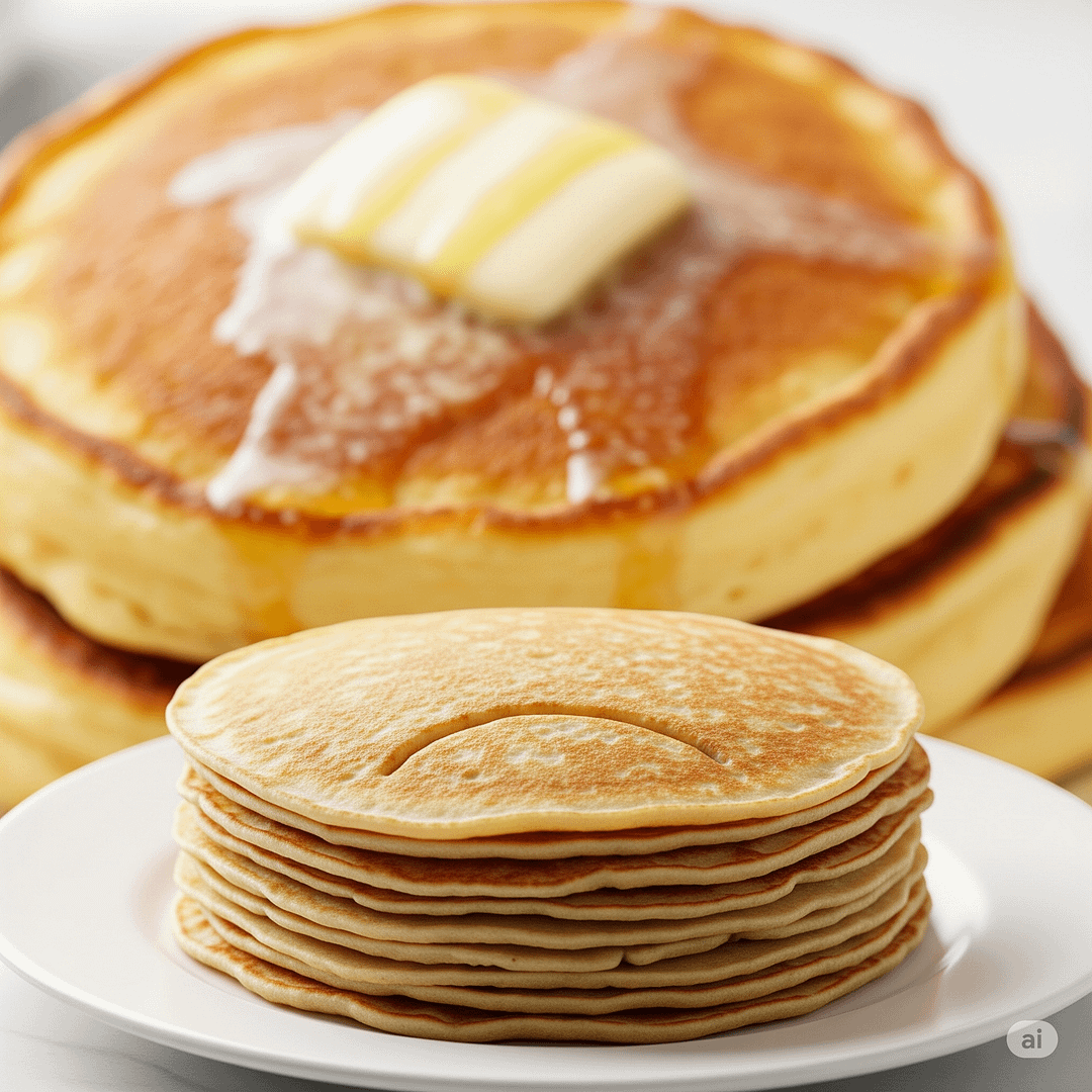 A stack of flat, dense pancakes, illustrating a common baking problem.