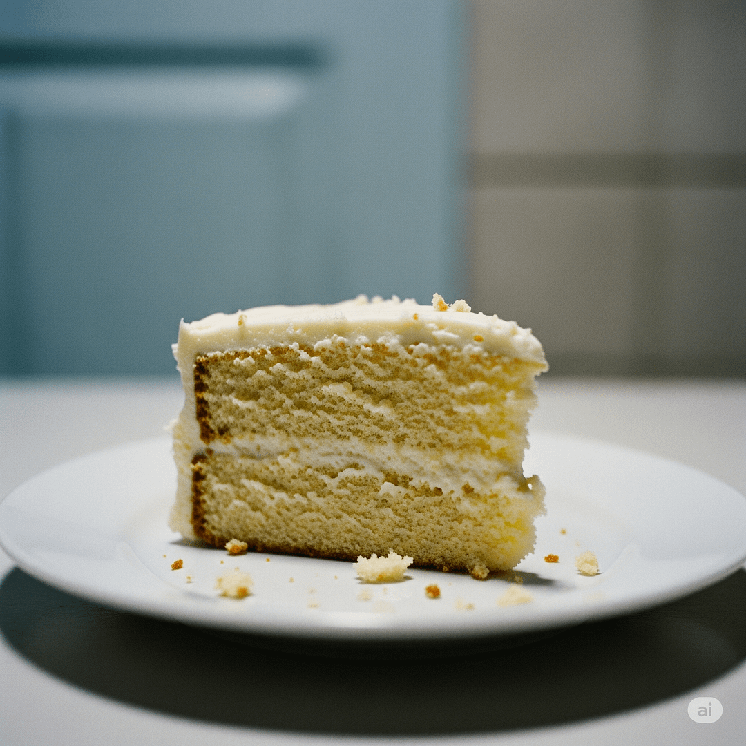 Dry, crumbly cake slice on a white plate, highlighting a common baking frustration.