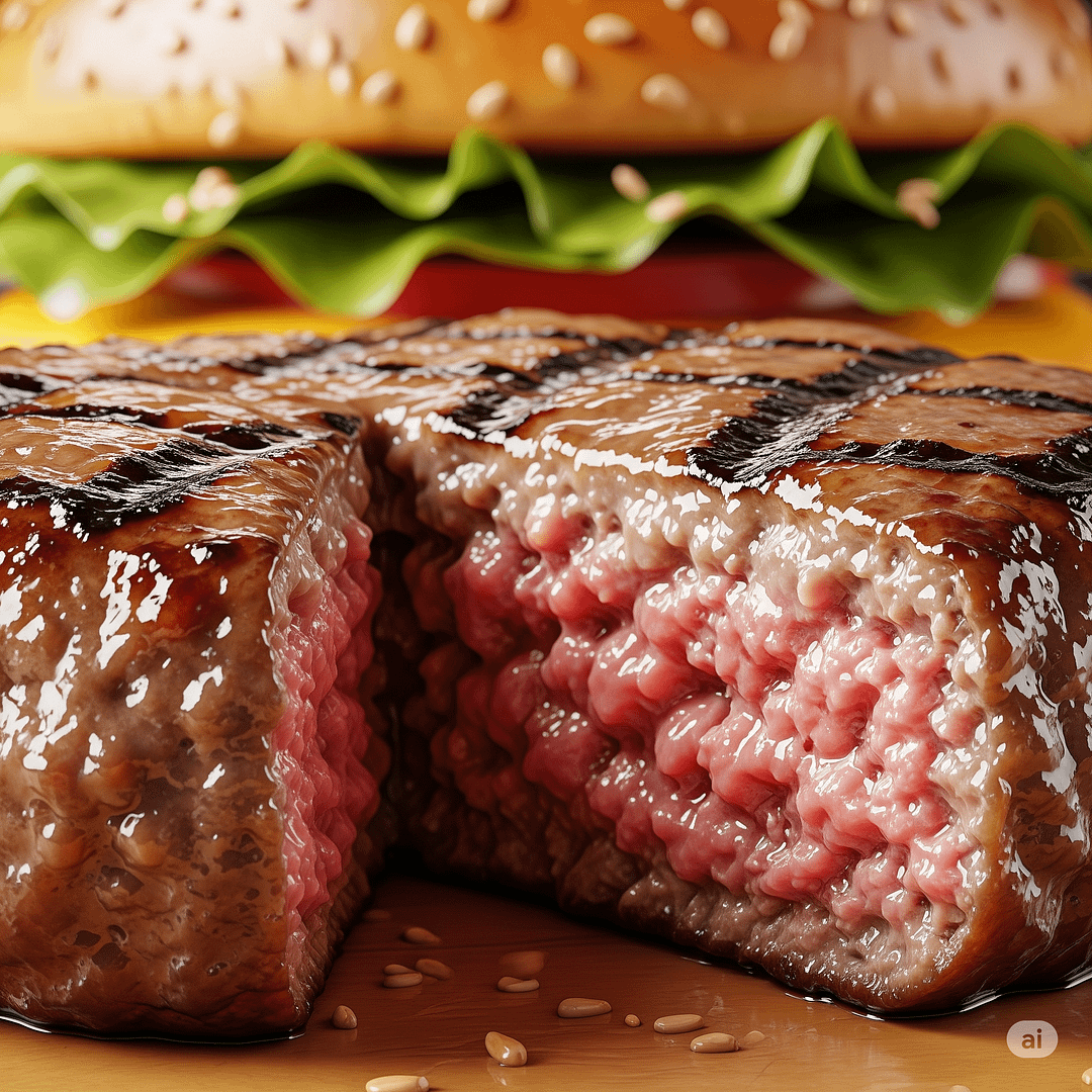 A perfectly cooked, juicy hamburger patty showing its succulent interior and a slight char.