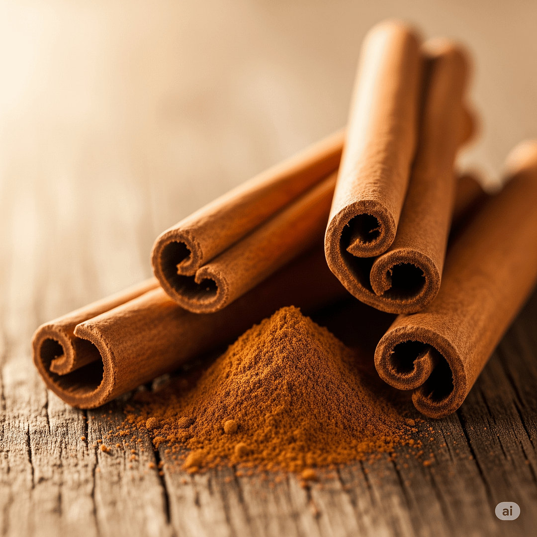 Whole cinnamon sticks and ground cinnamon powder on a wooden background, highlighting the spice's natural beauty.