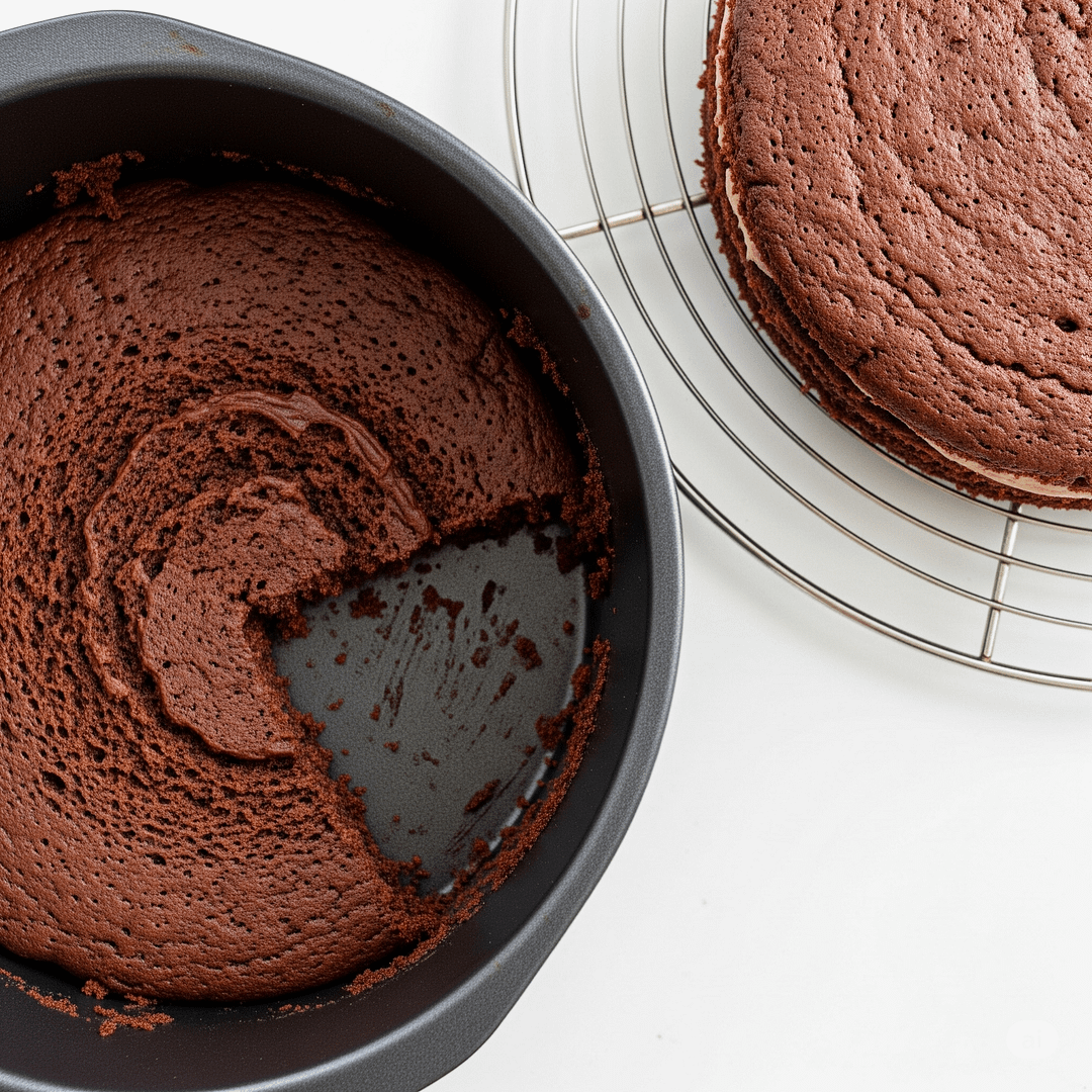 A broken cake stuck to the pan after baking, a common kitchen problem.