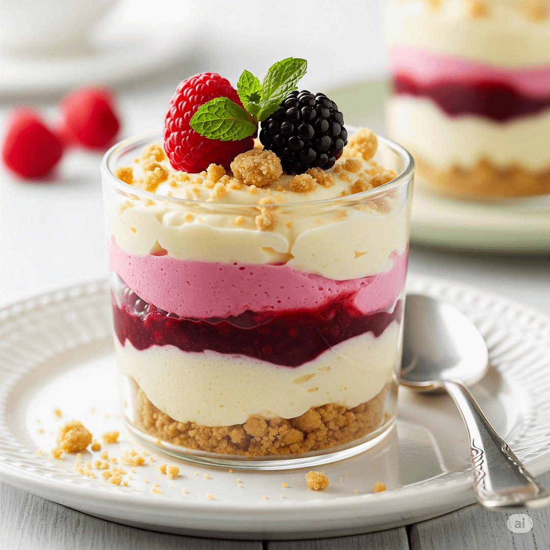 Delicious layered no-bake dessert in a small glass jar, perfect for one.
