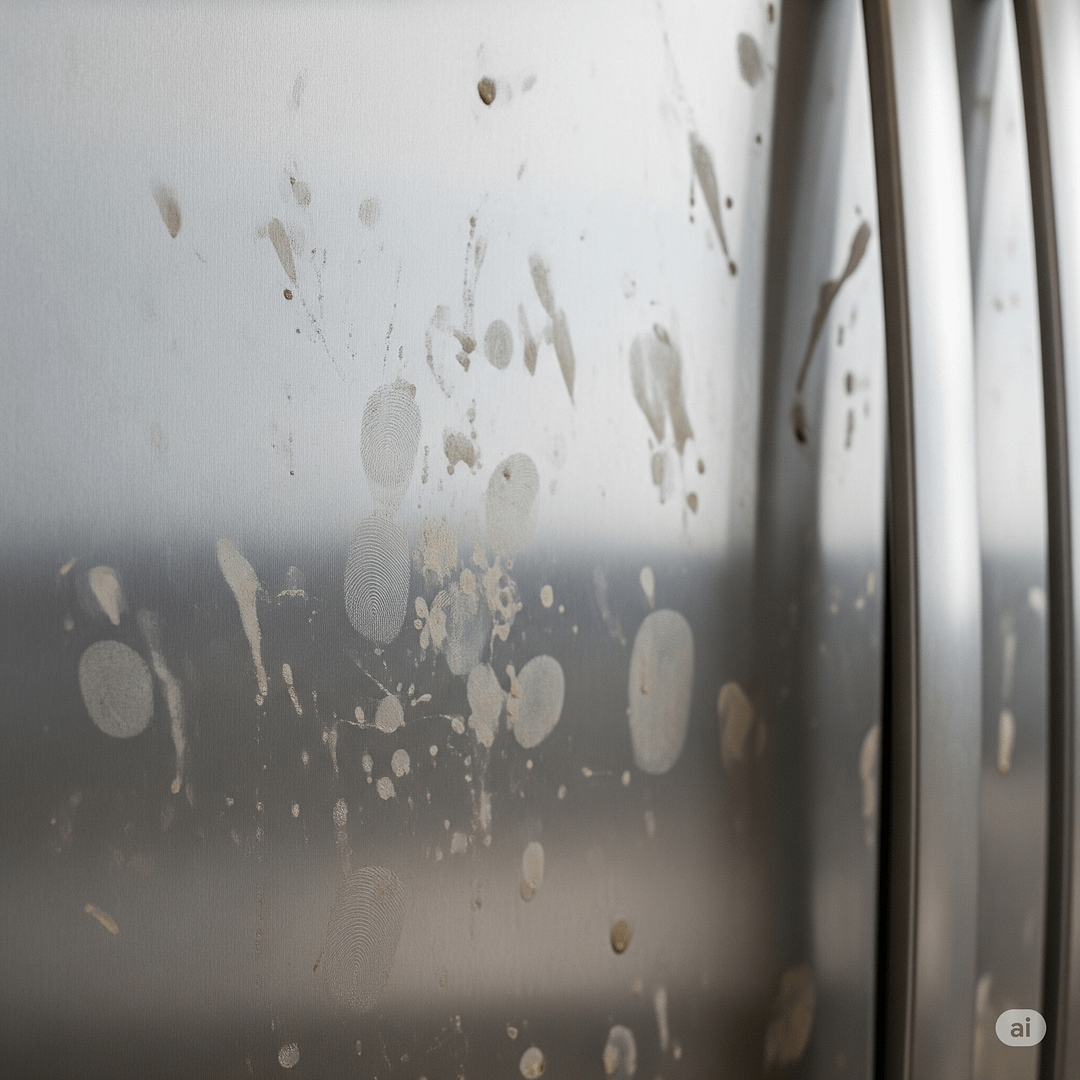 Stainless steel refrigerator door covered in smudges and fingerprints.