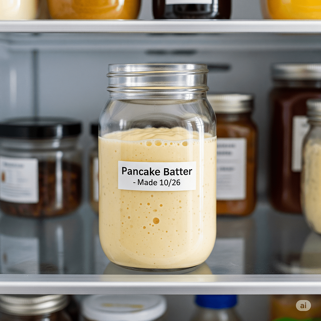 Pancake batter stored in a sealed container in a refrigerator.