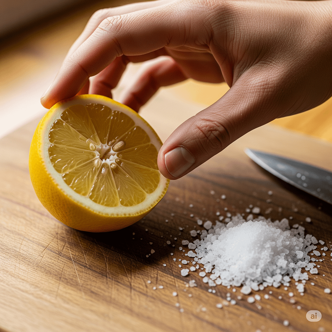 A wooden cutting board with a lemon and salt, ready to be scrubbed to remove odors.