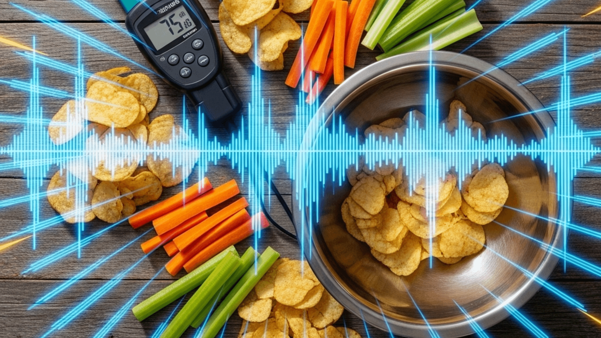 Crispy vegetables and chips emitting sound waves with decibel meter – neurogastronomy study showing how crunch transforms flavor perception. Kitchen Whizdom sonic seasoning guide.