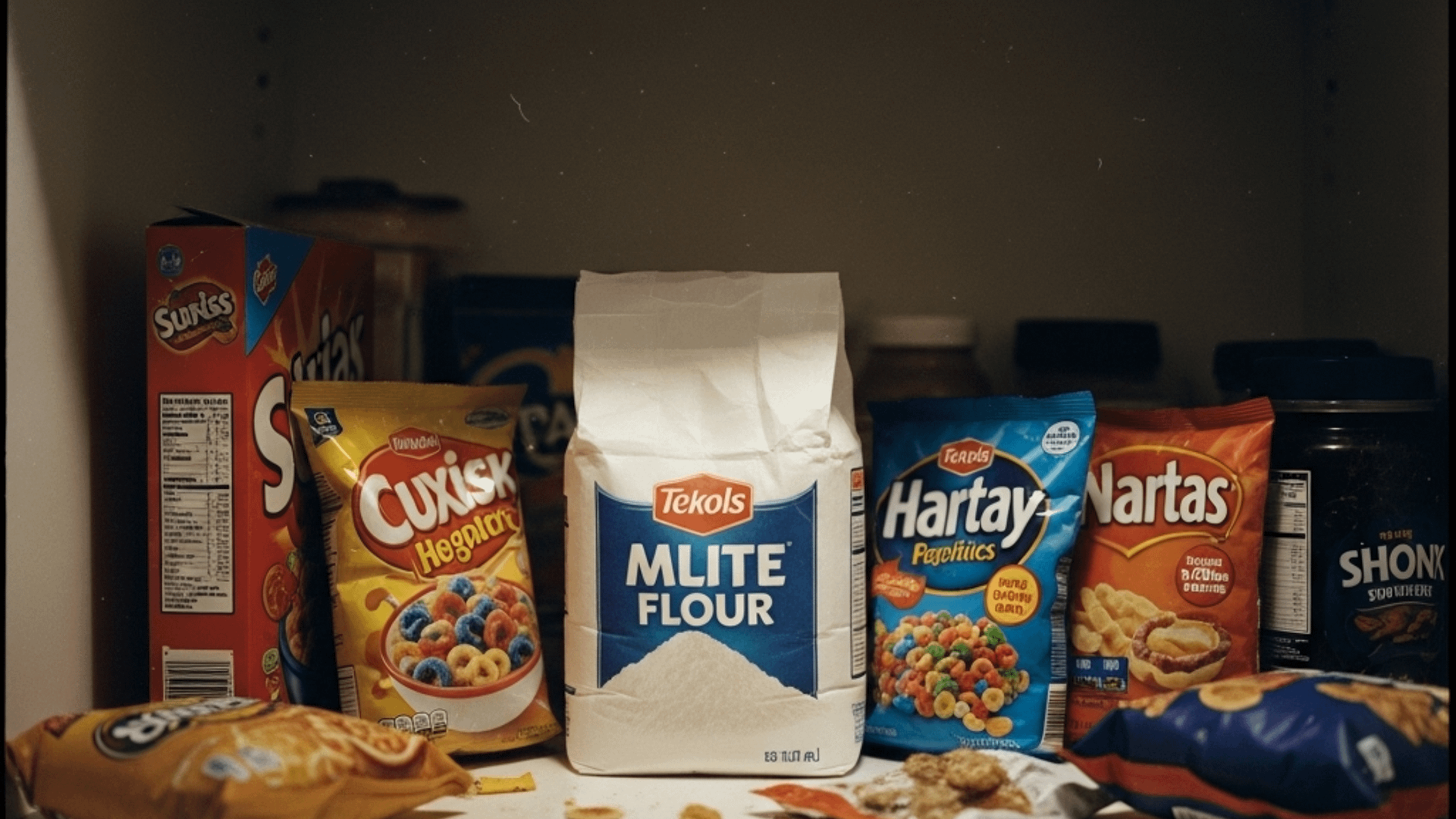 A cluttered pantry shelf filled with processed foods and sugary snacks, subtly hinting at a source of energy drain.
