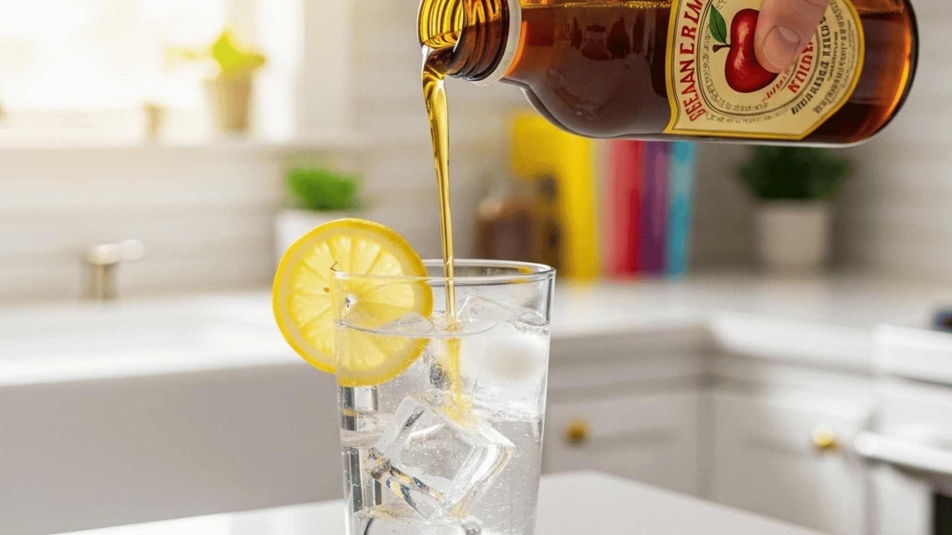 A hand preparing a diluted drink with apple cider vinegar, symbolizing a simple natural cleanse.
