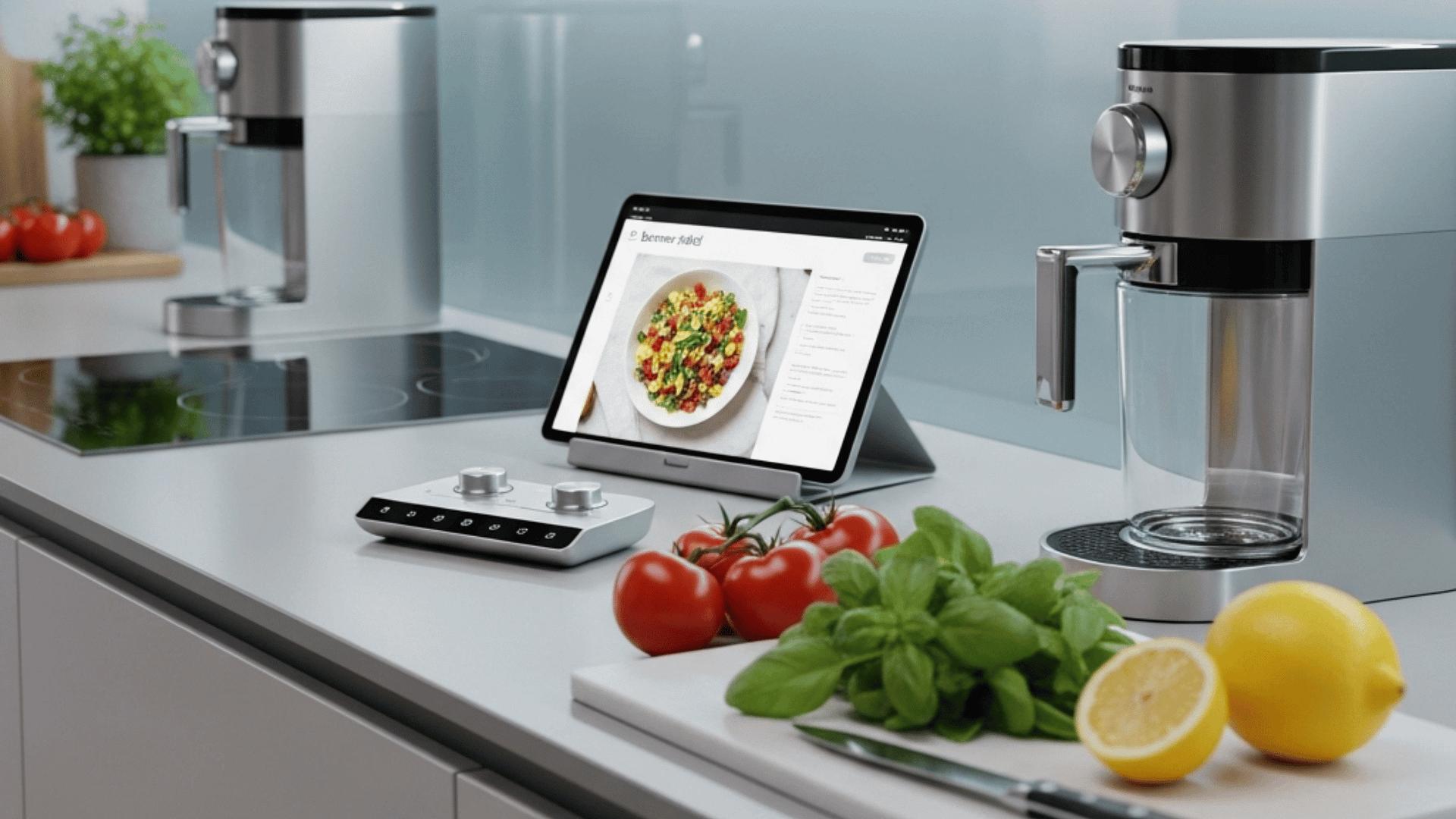 Futuristic kitchen with smart appliances and fresh produce, representing the future of food.
