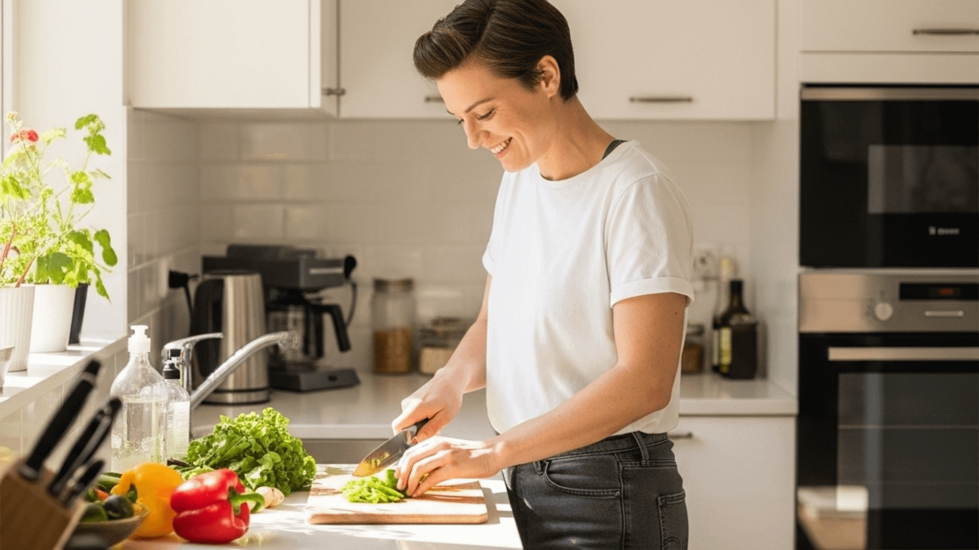 A person happily preparing food in a clean, organized kitchen, symbolizing a healthy environment