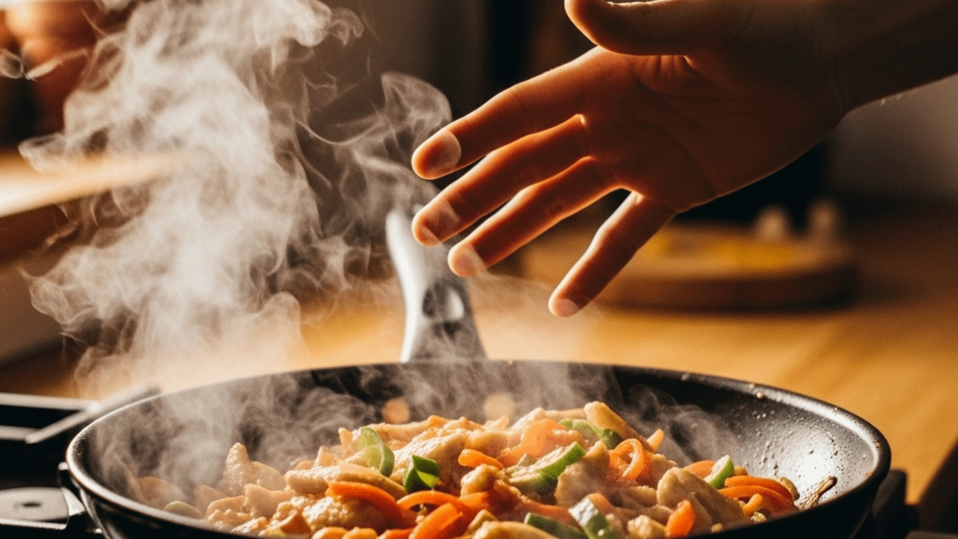 Close-up of food sizzling in a pan, representing a common cooking scenario.