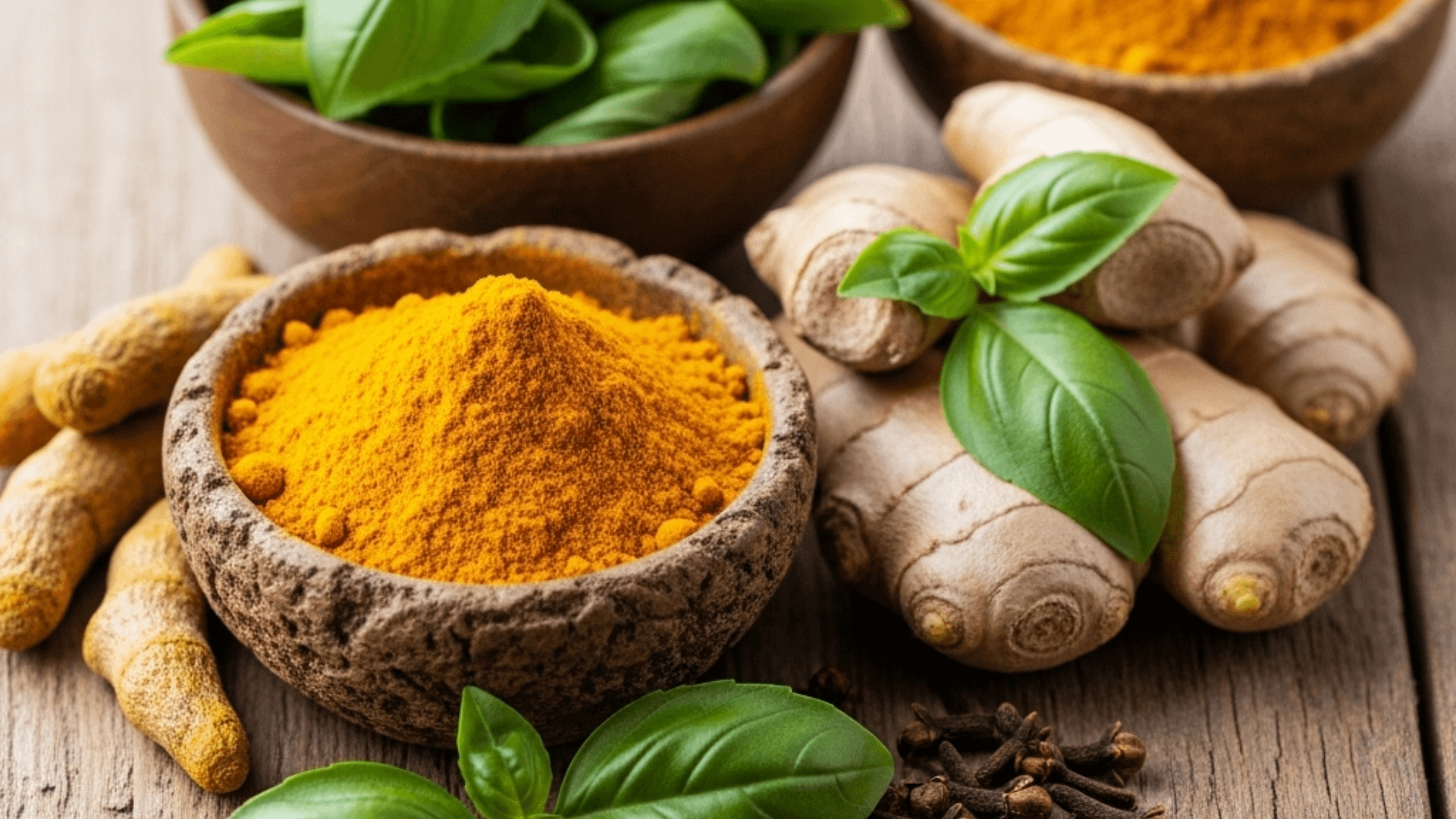 Assortment of colorful herbs and spices, including turmeric, ginger, basil, and cloves, arranged on a wooden background.