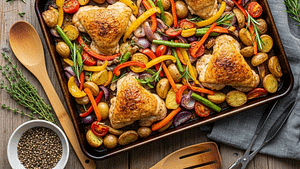 Sheet-pan chicken dinner with roasted veggies and potatoes on a rustic wooden table.