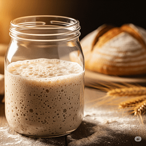 Active sourdough starter in a glass jar, bubbling and ready for baking, with a warm, rustic kitchen background.
