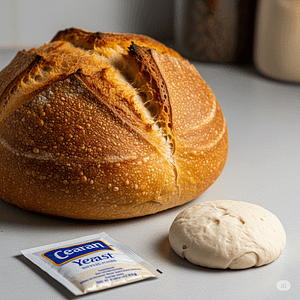 A perfectly risen loaf of homemade bread next to a flat, unrisen dough, with a packet of yeast, illustrating baking success and common bread fails.