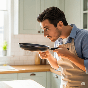 A baker looking annoyed at a lingering fish smell in a frying pan.