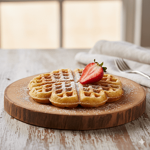 A close-up shot of a single, golden heart-shaped waffle on a wooden plate, topped with a fresh strawberry slice and powdered sugar.