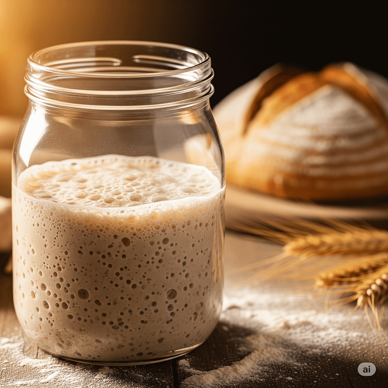 Active sourdough starter in a glass jar, bubbling and ready for baking, with a warm, rustic kitchen background.