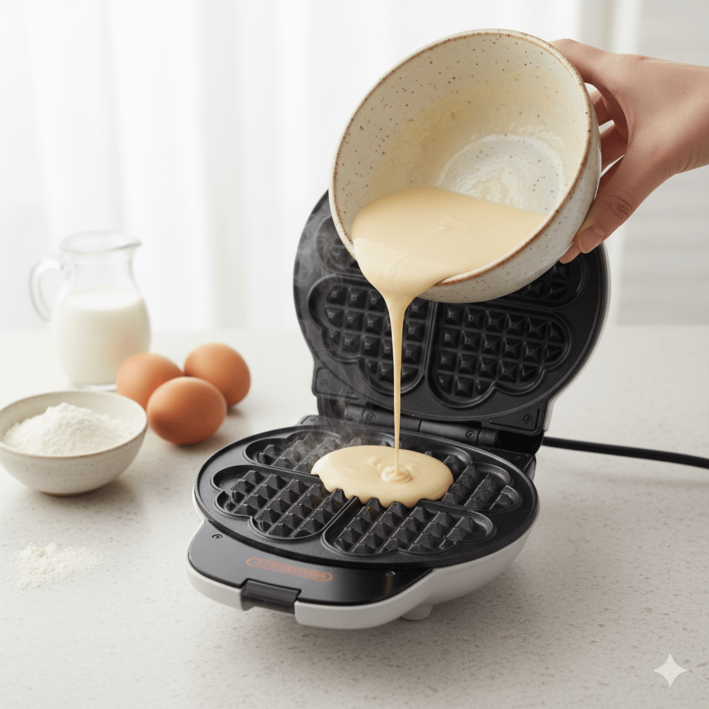 A close-up, overhead view of a person pouring waffle batter onto a heart-shaped waffle maker.