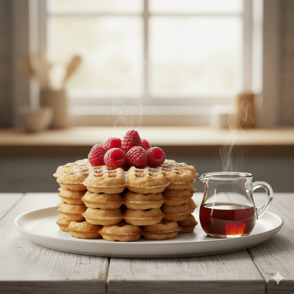 A stack of golden, heart-shaped waffles on a plate, garnished with fresh raspberries and powdered sugar.